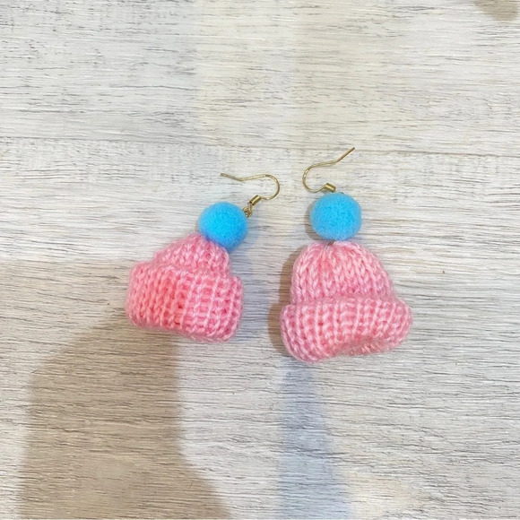 Handmade Knit Toque Earrings with Pom Pom - Pink and Blue - Picture 4 of 11